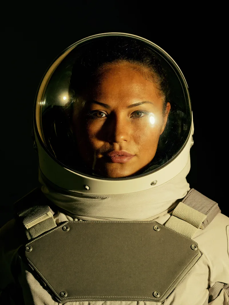 Wren Castellano in a flight helmet, ember light on the visor glass