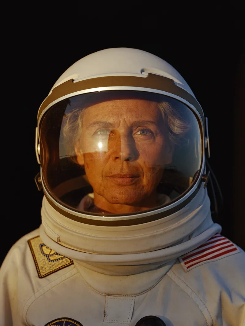 Commander Ilse Marek in a flight helmet, the sun reflected in her gold visor