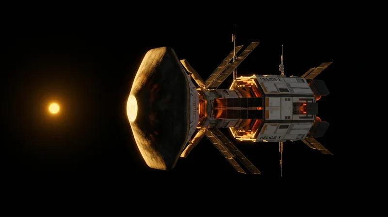 Perihelion Station silhouetted against the distant sun, heat shield forward